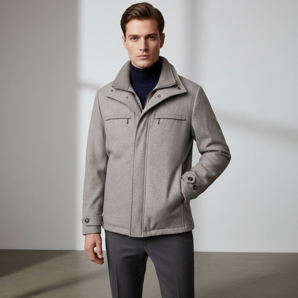 London Fog Mens Small Tan Wool Stand Collar Hip Length Coat Jacket
